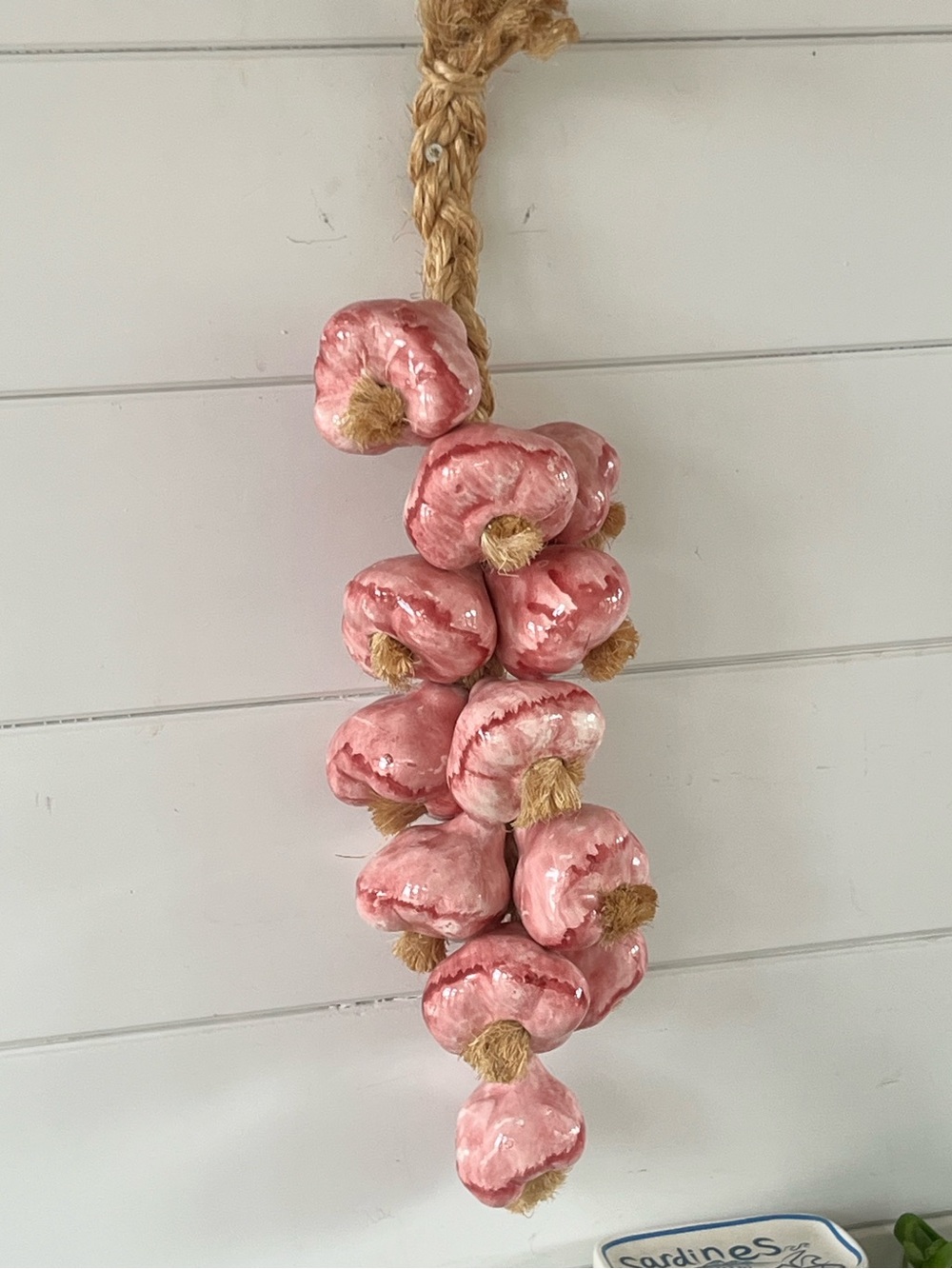 Painted ceramic garlic bulbs on jute rope wall decor